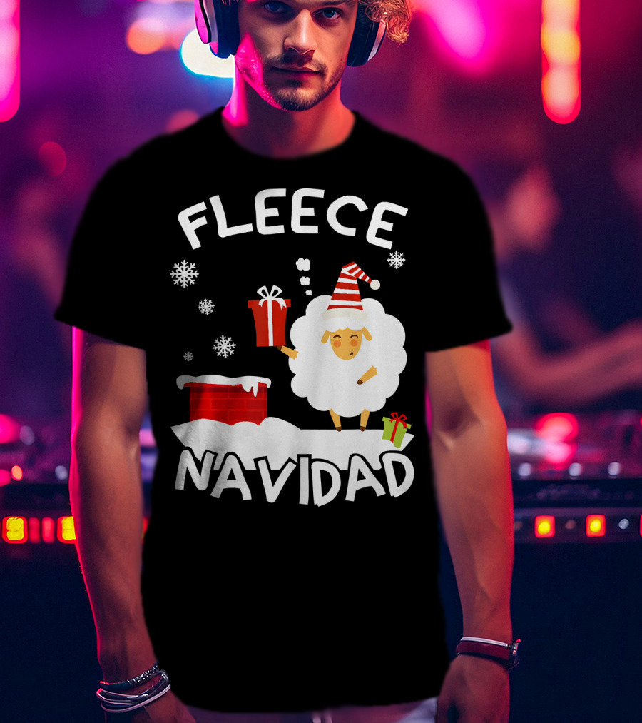 Fleece Navidad Sheep With Santa Hat And Gift Chimney Snowflakes T-Shirt