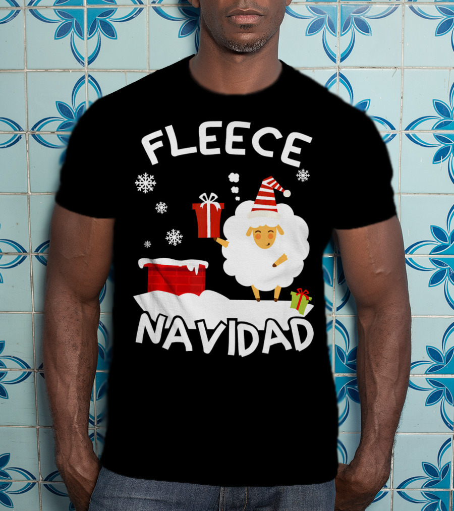 Fleece Navidad Sheep With Santa Hat And Gift Chimney Snowflakes T-Shirt