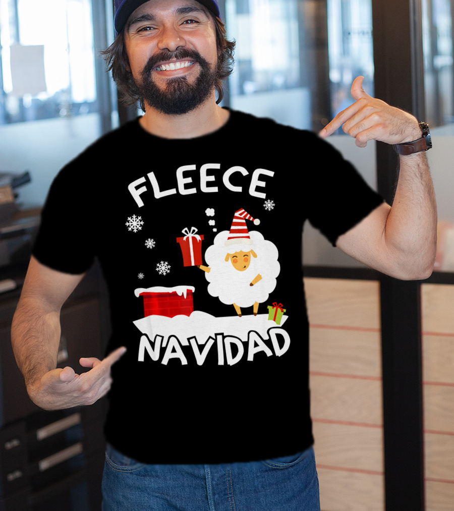 Fleece Navidad Sheep With Santa Hat And Gift Chimney Snowflakes T-Shirt