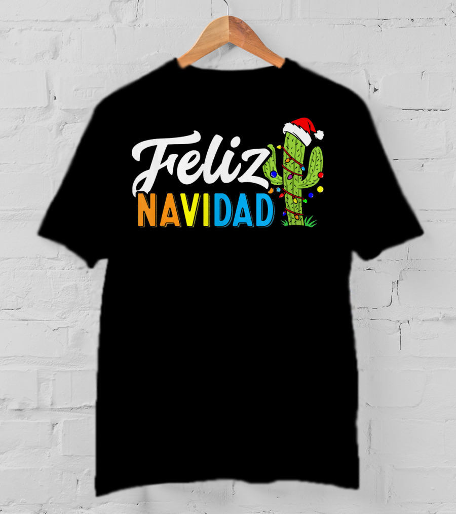 Feliz Navidad Cactus Santa Hat Christmas Lights T-Shirt