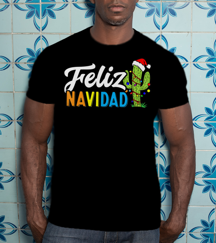 Feliz Navidad Cactus Santa Hat Christmas Lights T-Shirt