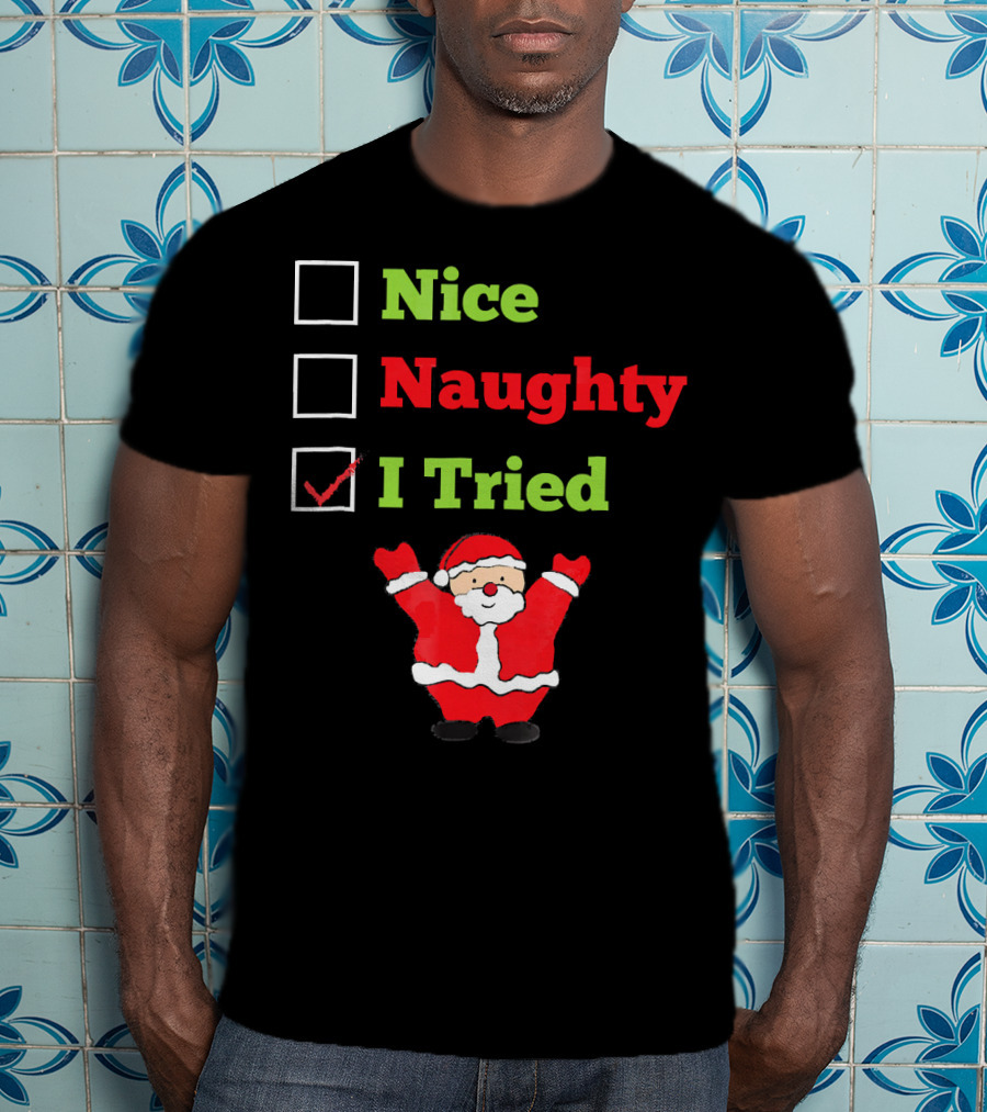 Nice Naughty I Tried Santa Checklist Funny Christmas T-Shirt