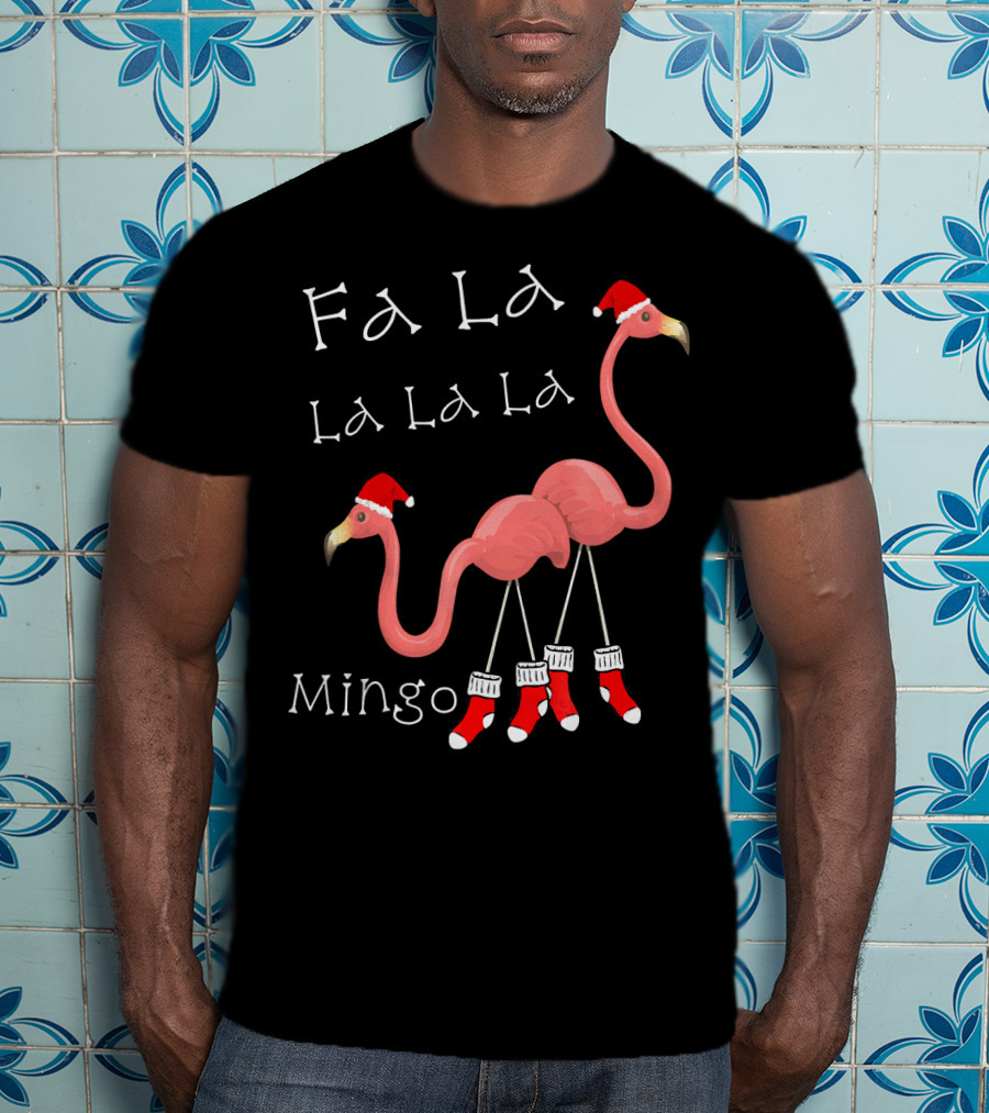 Fa La La La La La Mingo Pink Flamingo Christmas Santa T-Shirt