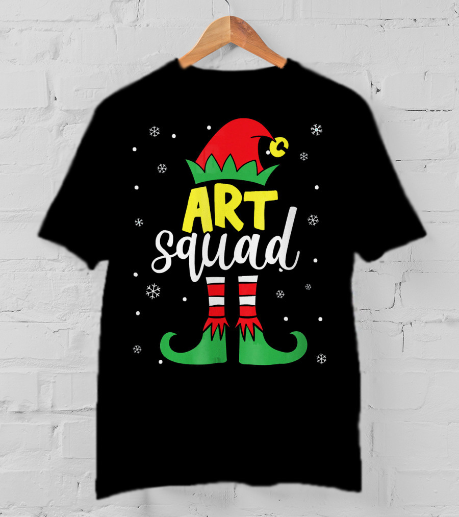 Art Squad Elf Christmas Teacher Snowflakes T-Shirt