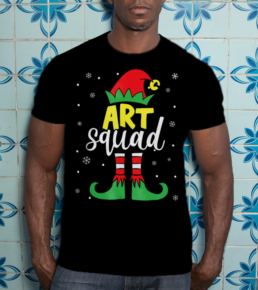 Art Squad Elf Christmas Teacher Snowflakes T-Shirt