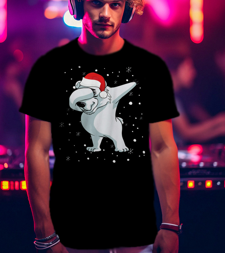 Santa Hat Dabbing Polar Bear Snowflakes T-Shirt