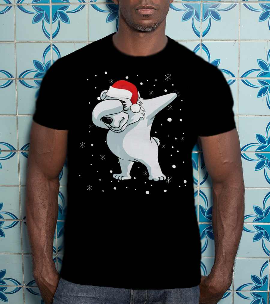 Santa Hat Dabbing Polar Bear Snowflakes T-Shirt