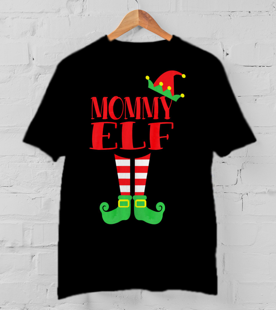Mommy ELF Christmas Hat And Striped Socks Festive Season T-Shirt