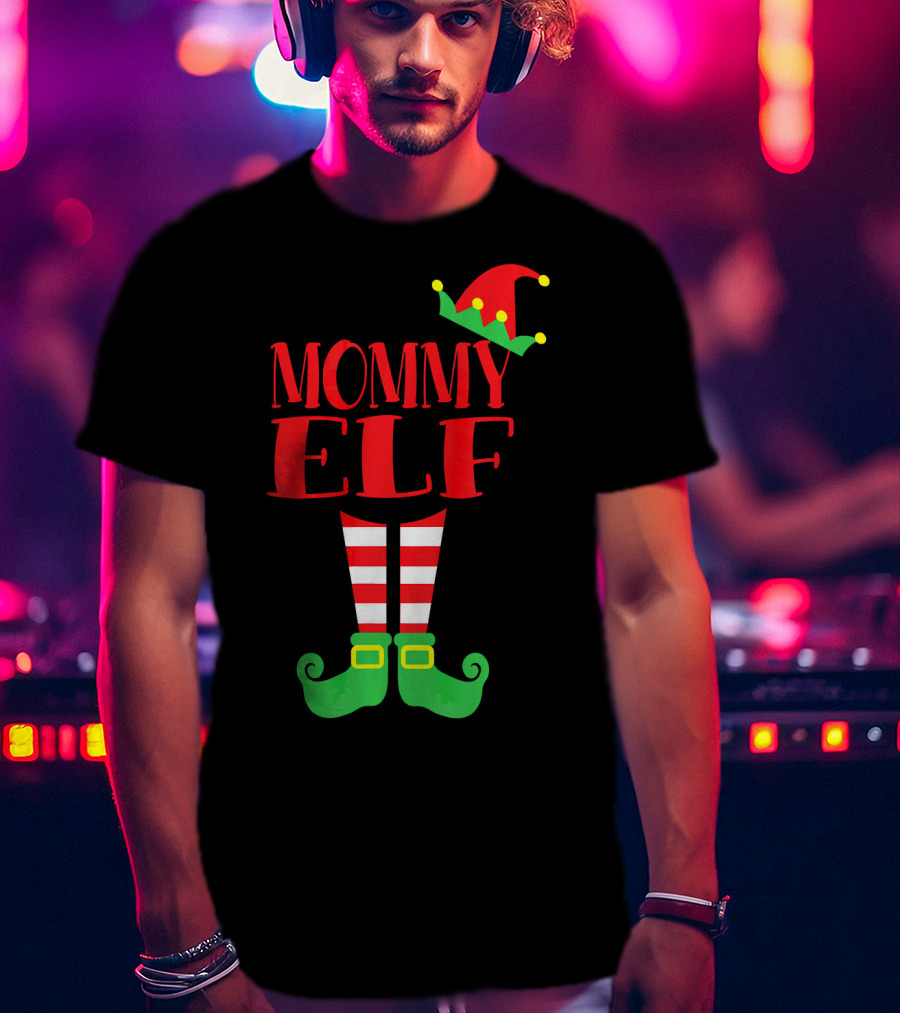Mommy ELF Christmas Hat And Striped Socks Festive Season T-Shirt