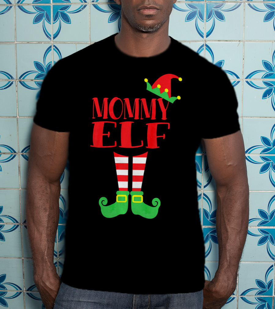 Mommy ELF Christmas Hat And Striped Socks Festive Season T-Shirt