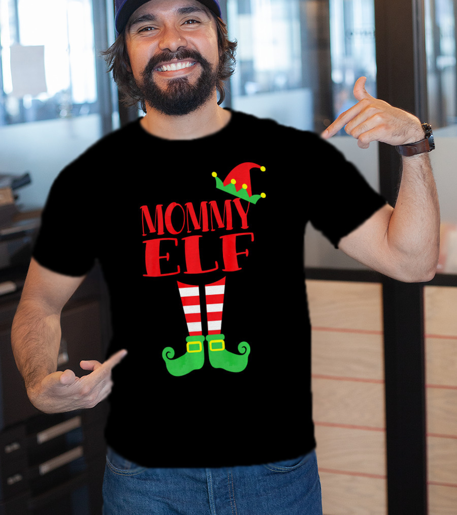 Mommy ELF Christmas Hat And Striped Socks Festive Season T-Shirt