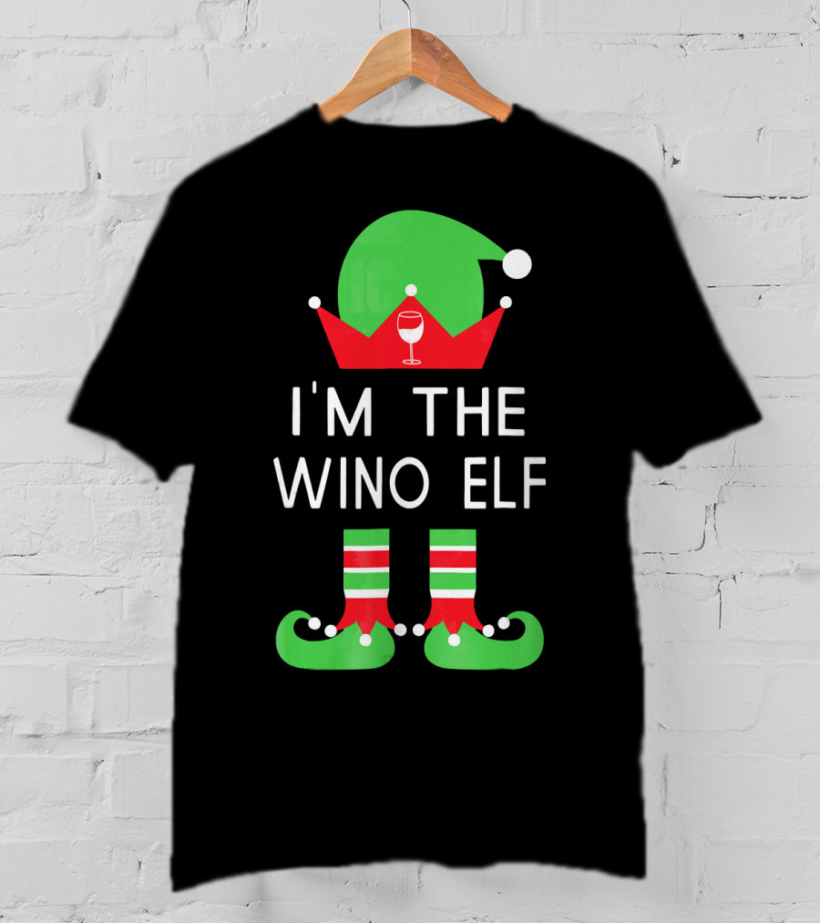 I'm The Wino Elf Funny Christmas Wine Green Red Hat And Striped Socks T-Shirt