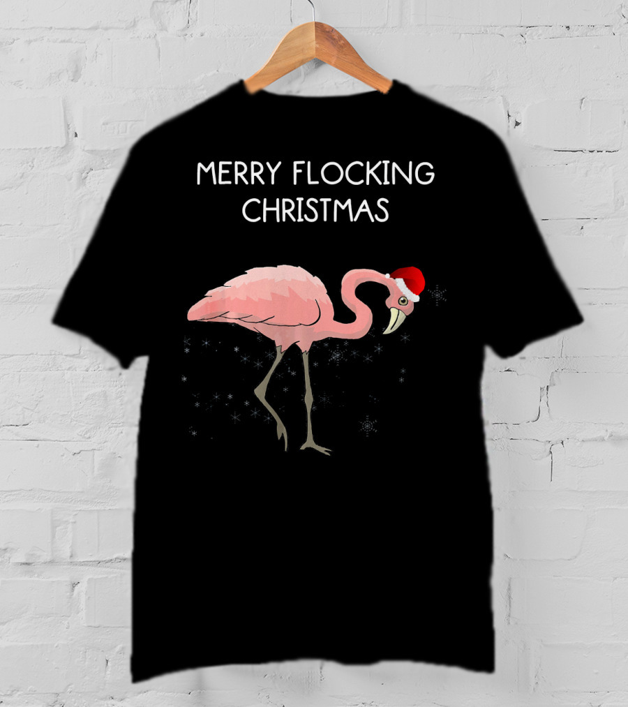 Merry Flocking Christmas Pink Flamingo Santa Hat T-Shirt