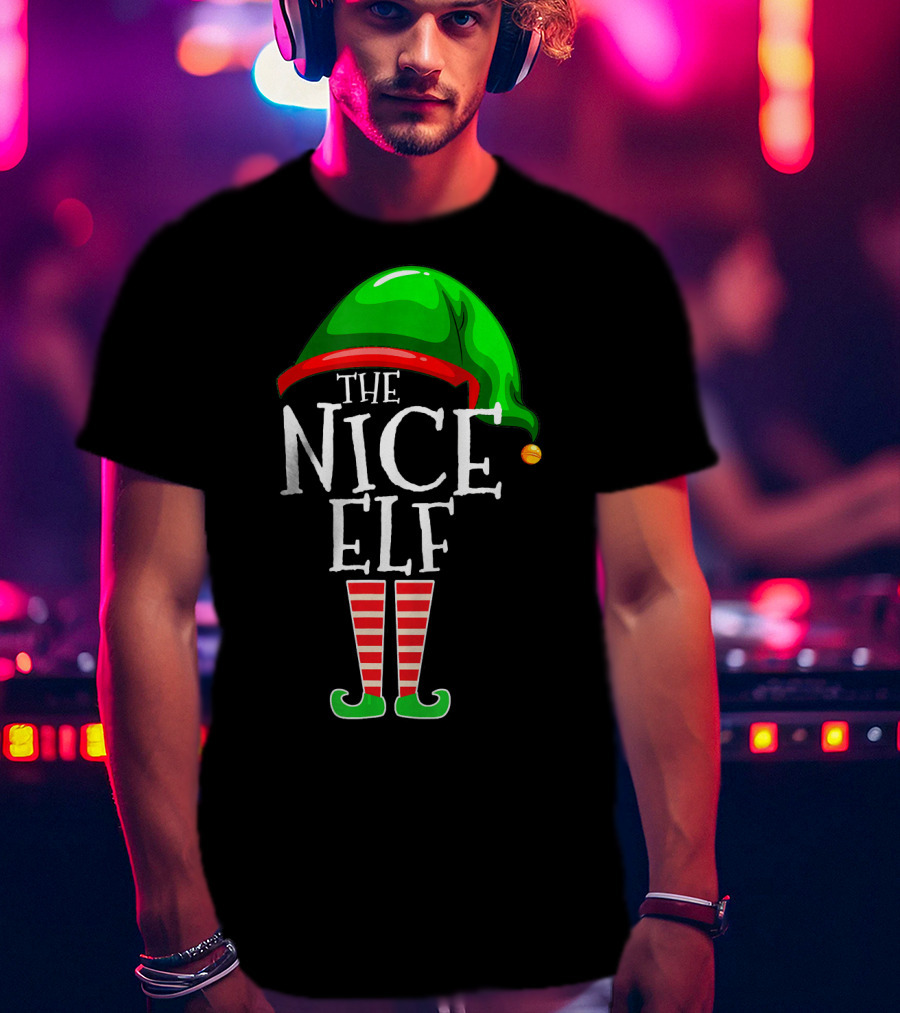The Nice Elf Group Matching Family Christmas Hat And Striped Leg T-Shirt