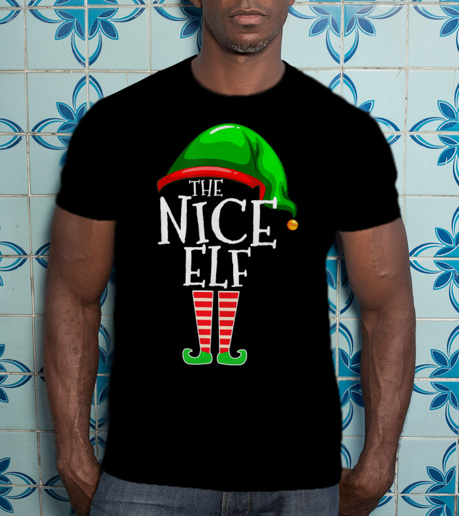 The Nice Elf Group Matching Family Christmas Hat And Striped Leg T-Shirt