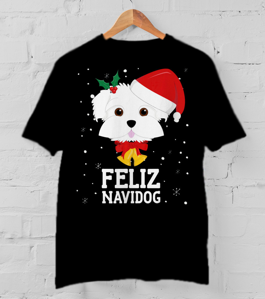 Feliz Navidog Christmas Dog In Santa Hat Maltese T-Shirt