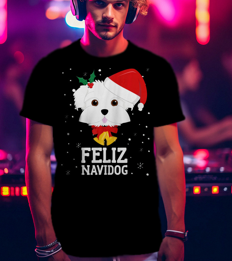 Feliz Navidog Christmas Dog In Santa Hat Maltese T-Shirt