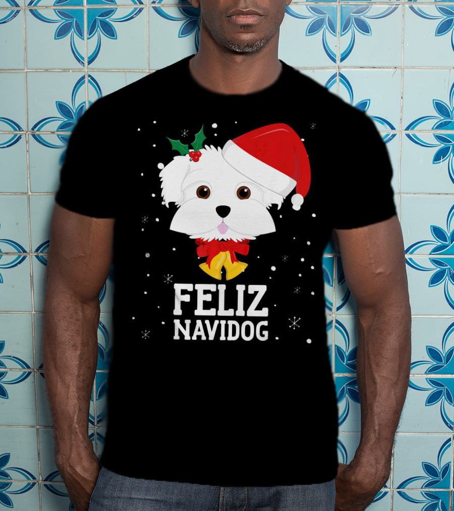 Feliz Navidog Christmas Dog In Santa Hat Maltese T-Shirt