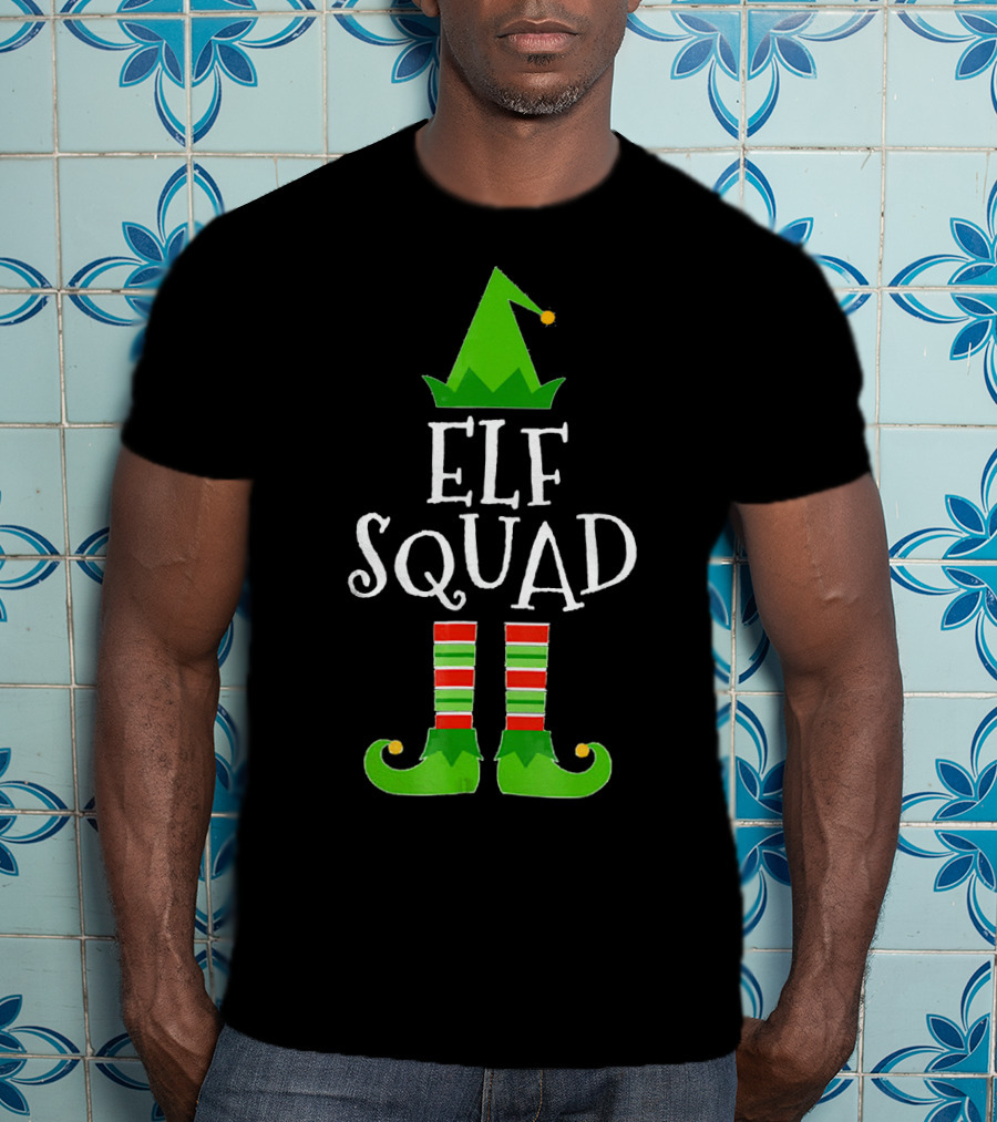 Elf Squad Festive Hat And Striped Shoe Family Group T-Shirt