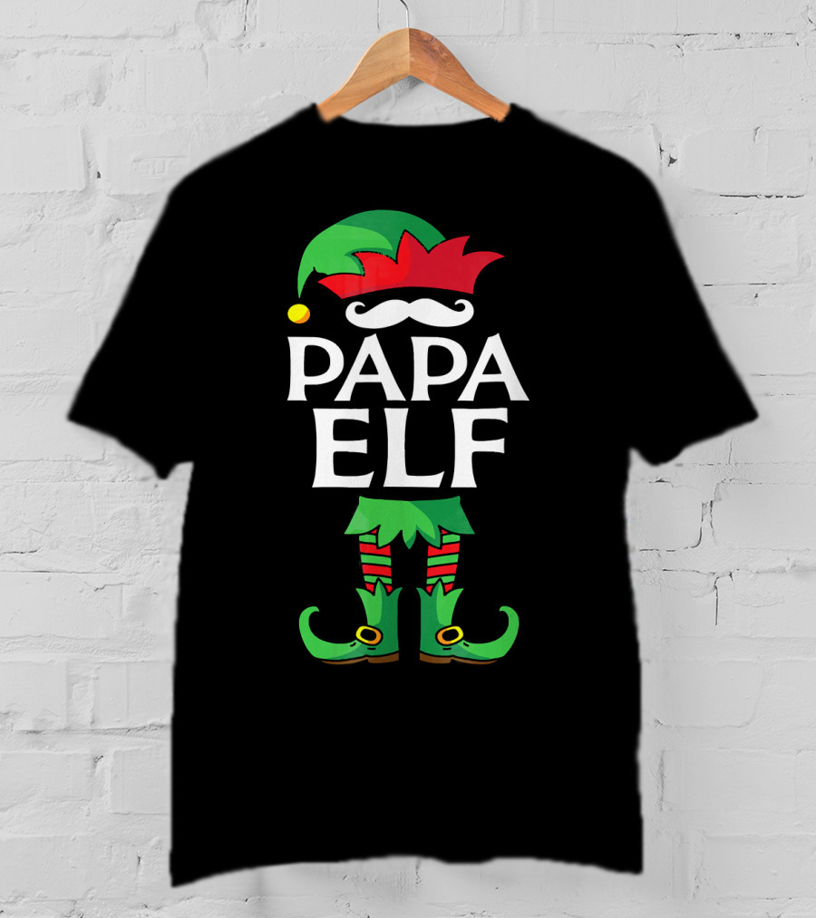 Papa Elf Costume Christmas Holiday Match With Santa Hat And Green Boots T-Shirt