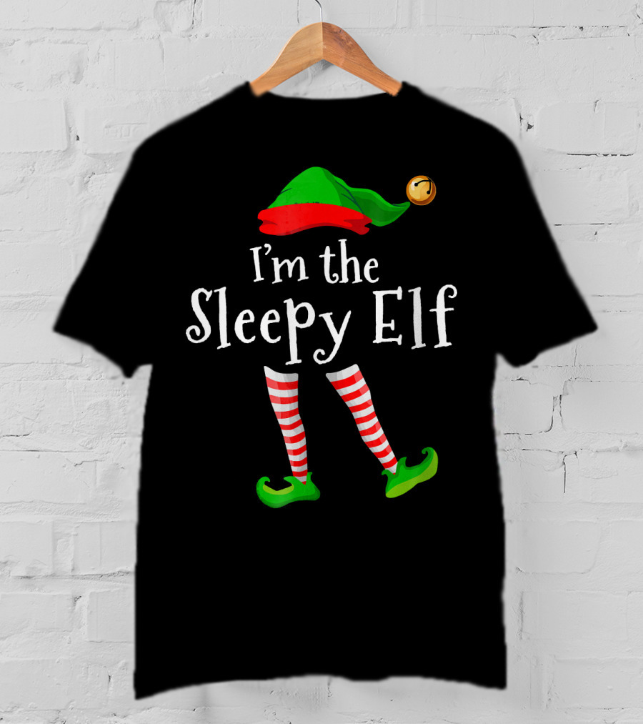 I'm The Sleepy Elf Green Hat Striped Stockings Jingle Bell T-Shirt