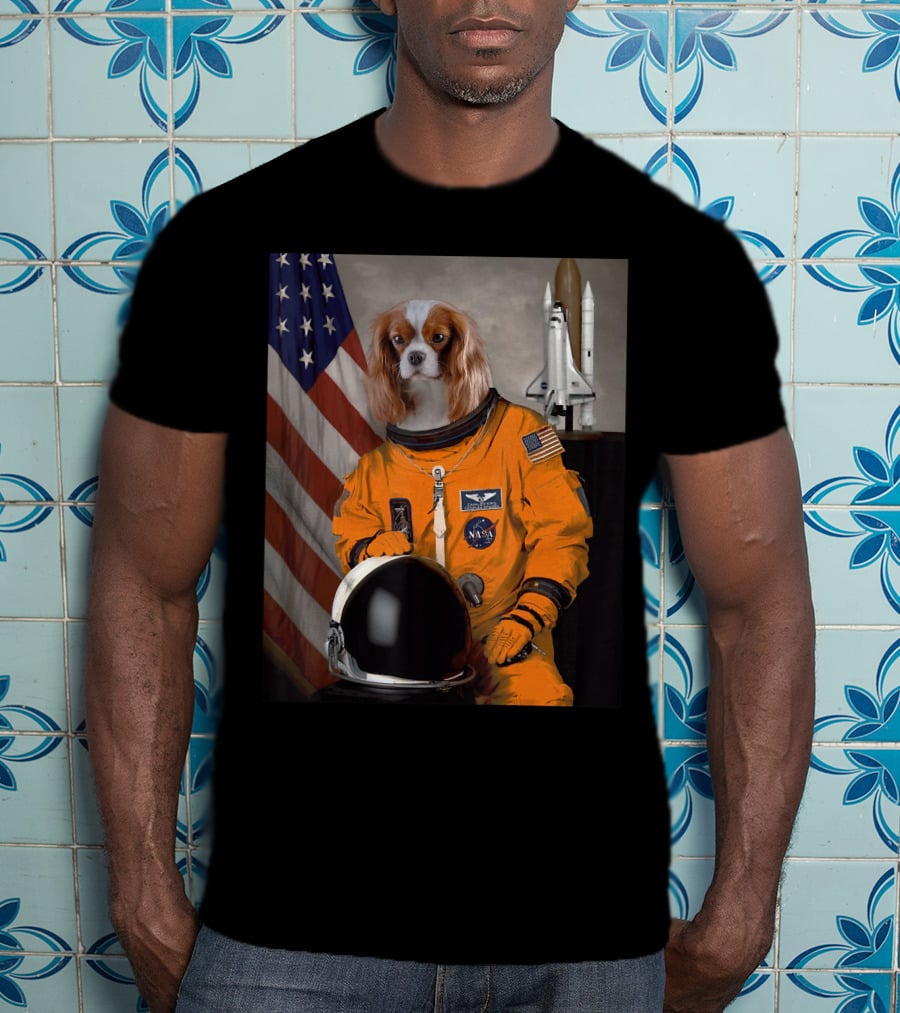 Cavalier King Charles Spaniel NASA Astronaut With American Flag And Space Shuttle T-Shirt