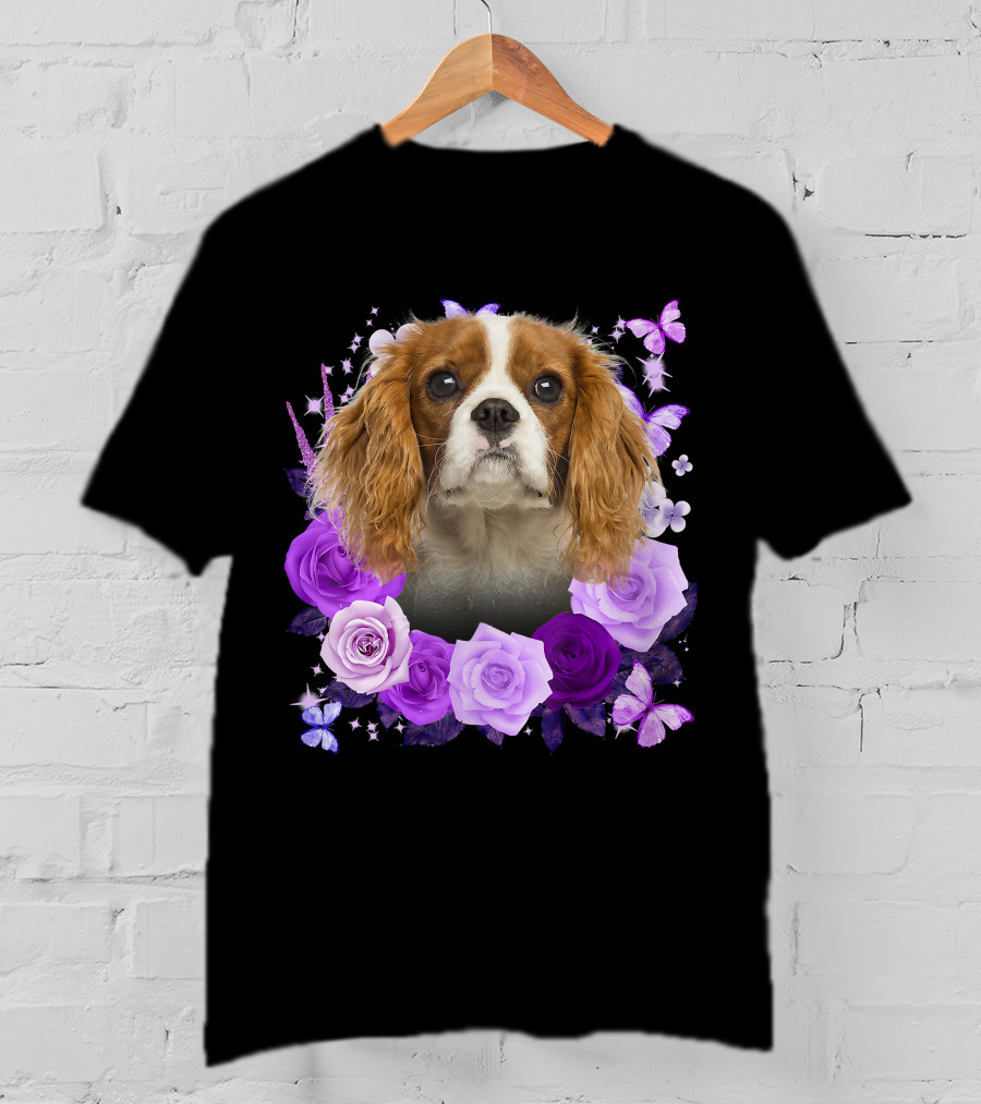 Purple Bloom With Flowers And Butterflies Featuring Cavalier King Charles Spaniel Floral Arrangement T-Shirt