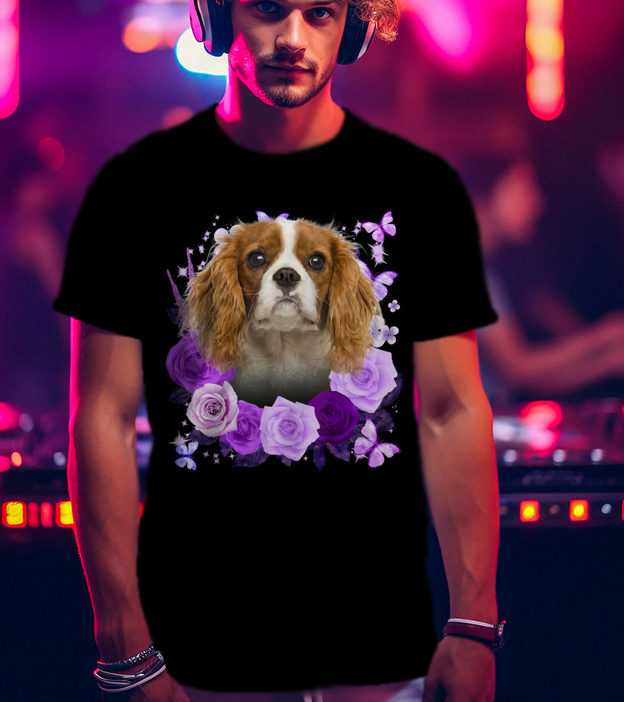 Purple Bloom With Flowers And Butterflies Featuring Cavalier King Charles Spaniel Floral Arrangement T-Shirt