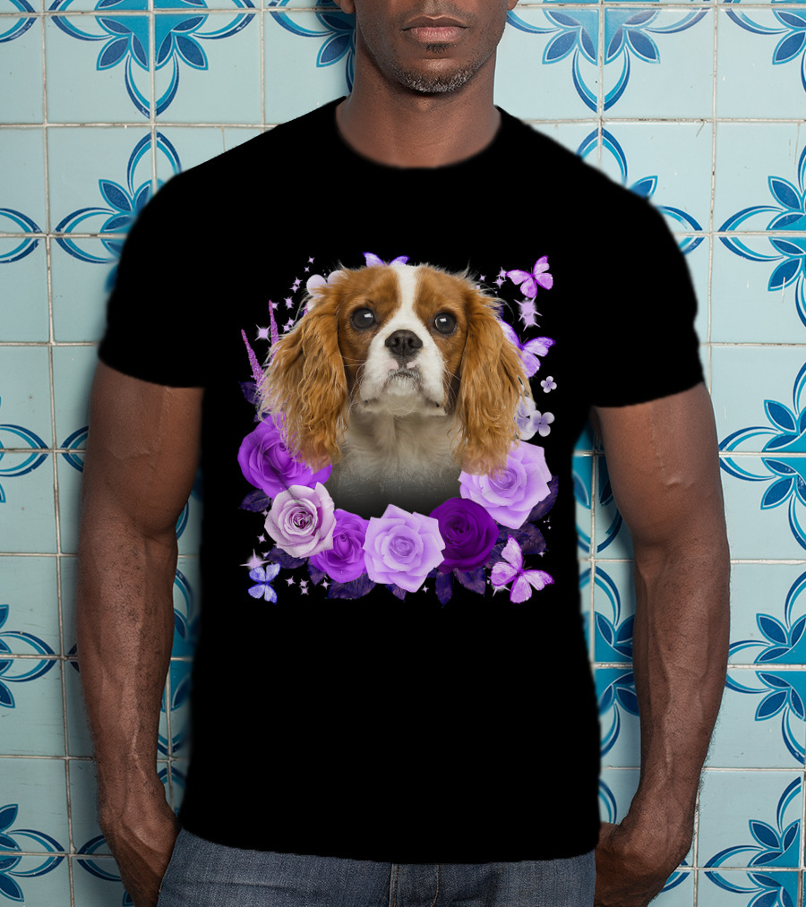 Purple Bloom With Flowers And Butterflies Featuring Cavalier King Charles Spaniel Floral Arrangement T-Shirt