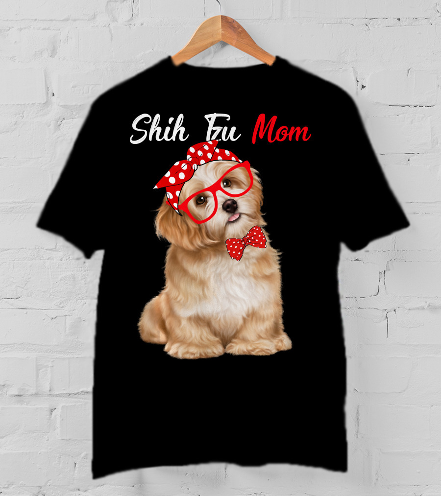 Shih Tzu Mom Red Glasses And Polka Dot Bow Accessories T-Shirt