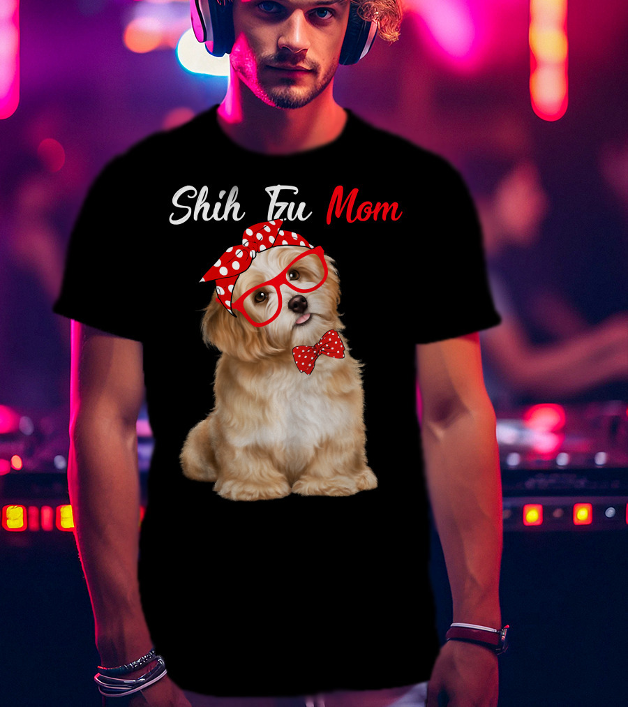 Shih Tzu Mom Red Glasses And Polka Dot Bow Accessories T-Shirt