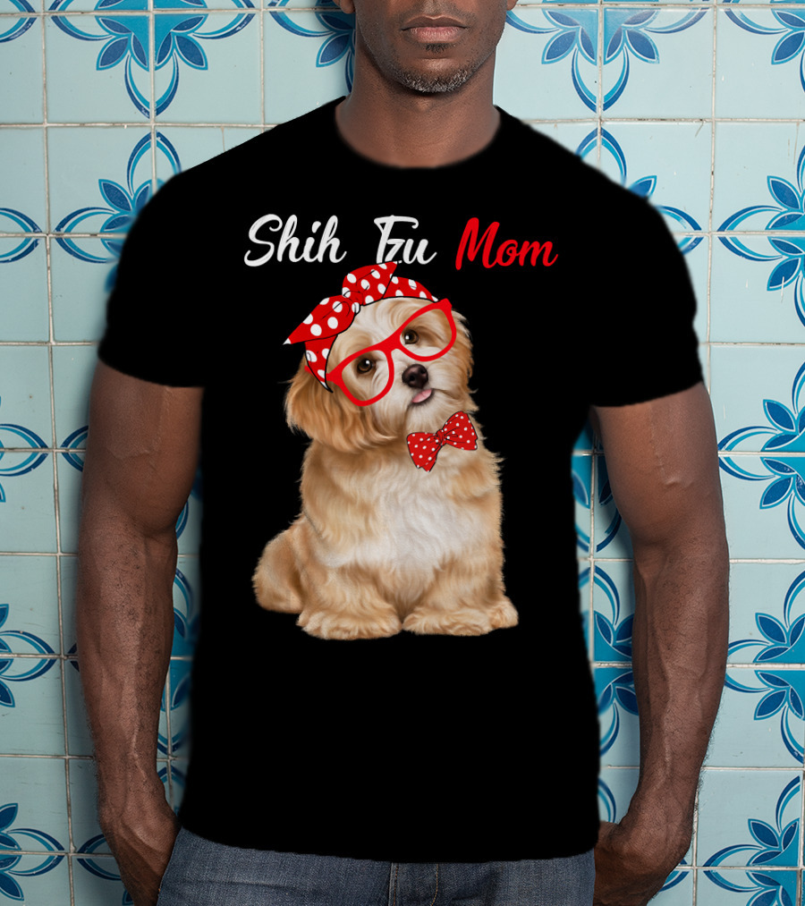 Shih Tzu Mom Red Glasses And Polka Dot Bow Accessories T-Shirt