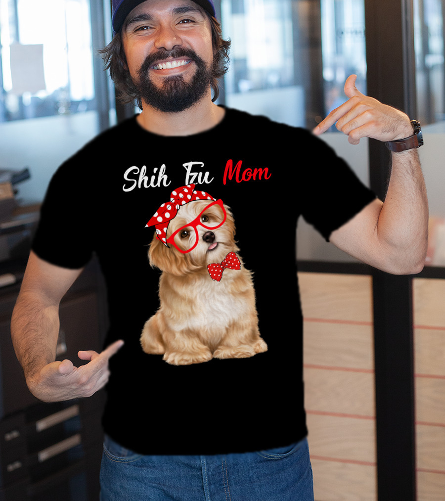 Shih Tzu Mom Red Glasses And Polka Dot Bow Accessories T-Shirt