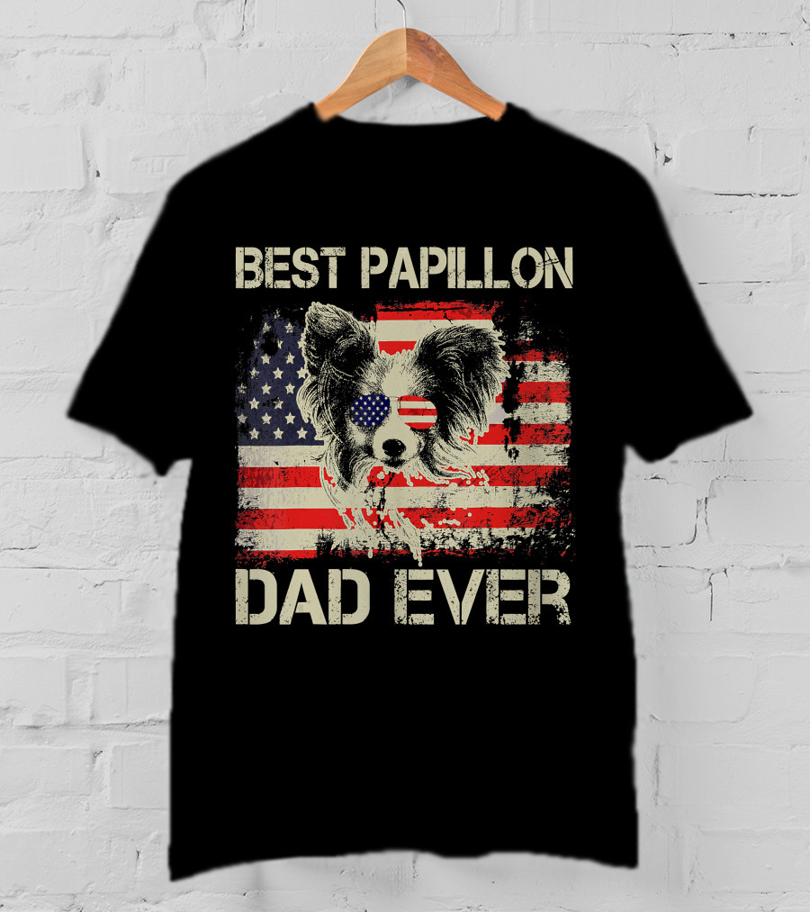BEST PAPILLON DAD EVER American Flag Papillon T-Shirt