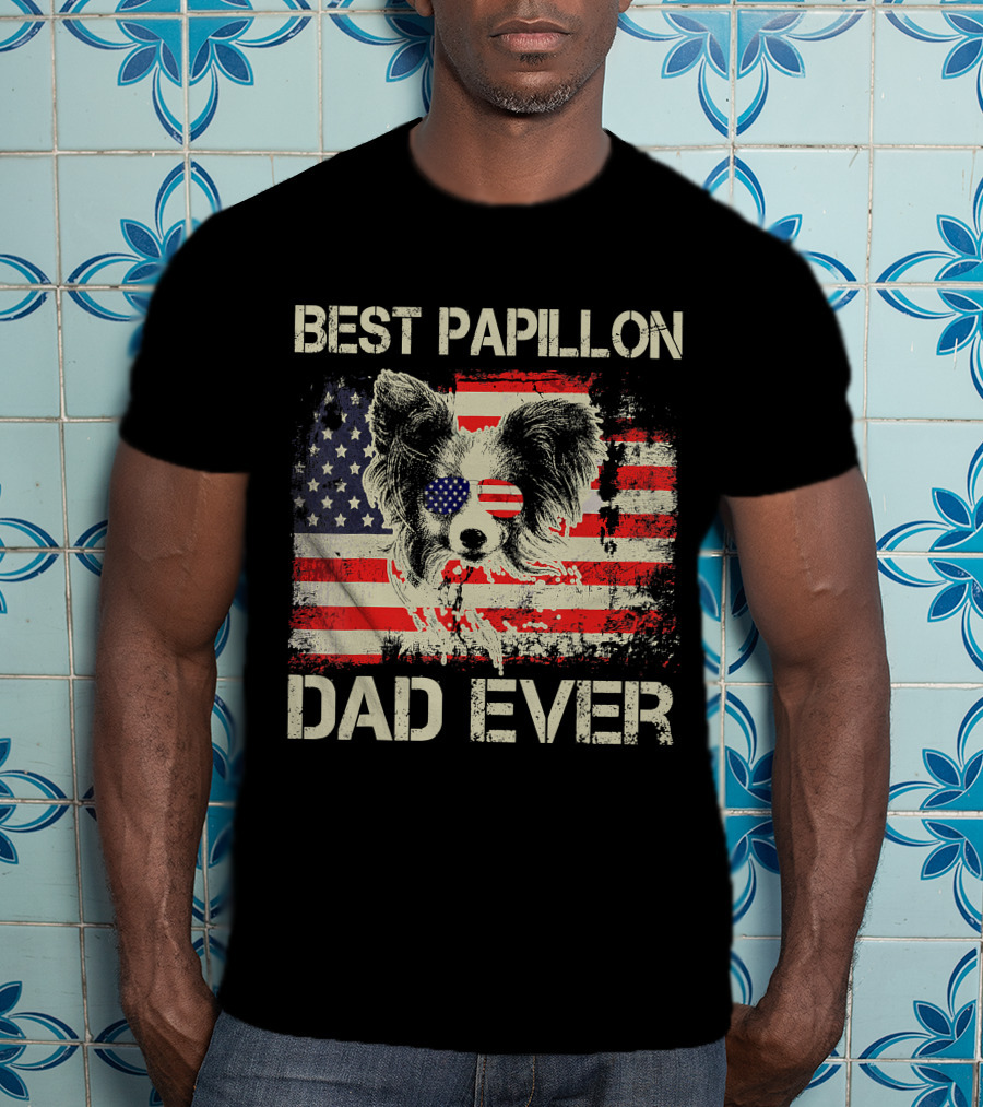 BEST PAPILLON DAD EVER American Flag Papillon T-Shirt