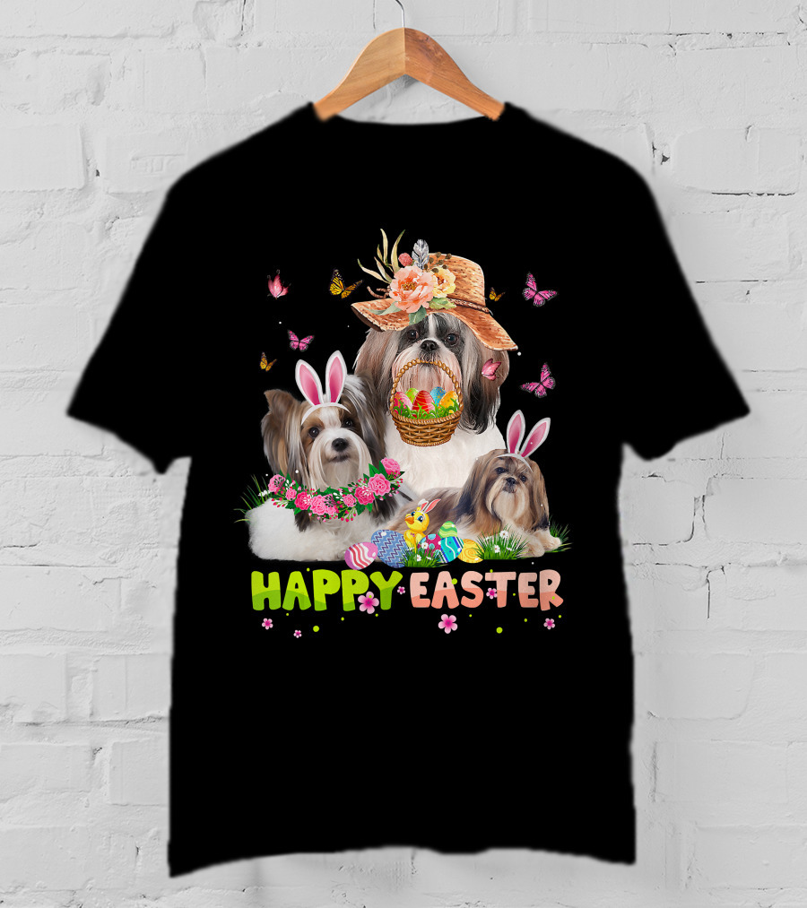 Shih Tzu Dogs With Bunny Ears And Easter Eggs Celebrating Happy Easter T-Shirt