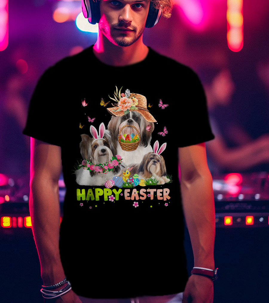 Shih Tzu Dogs With Bunny Ears And Easter Eggs Celebrating Happy Easter T-Shirt