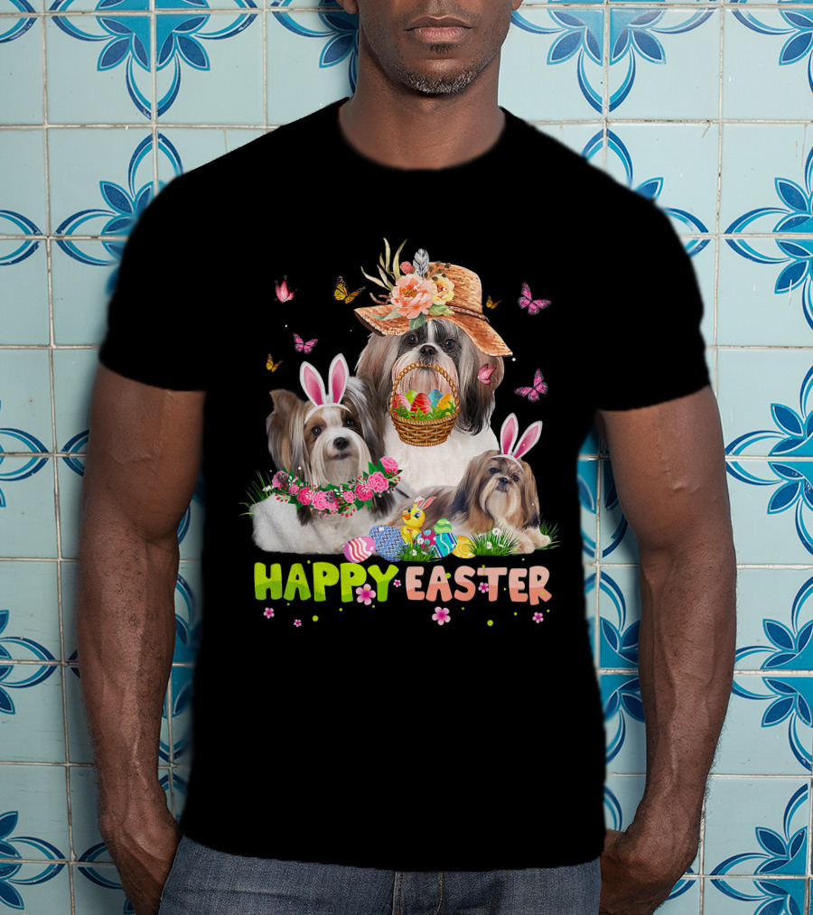 Shih Tzu Dogs With Bunny Ears And Easter Eggs Celebrating Happy Easter T-Shirt