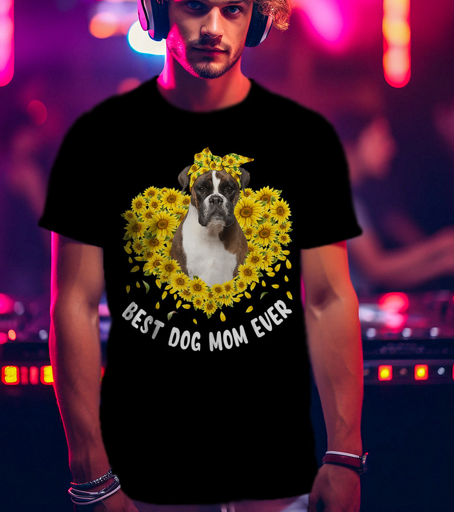 Best Dog Mom Ever Boxer Surrounded By Sunflowers T-Shirt