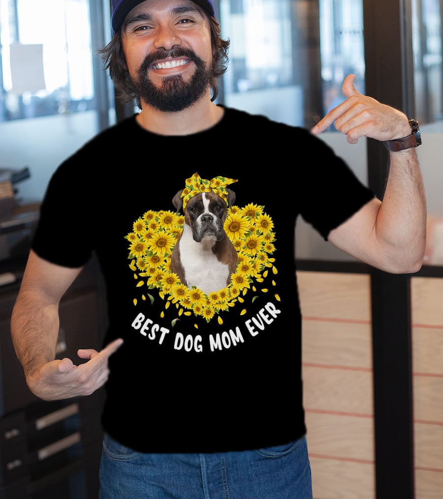 Best Dog Mom Ever Boxer Surrounded By Sunflowers T-Shirt
