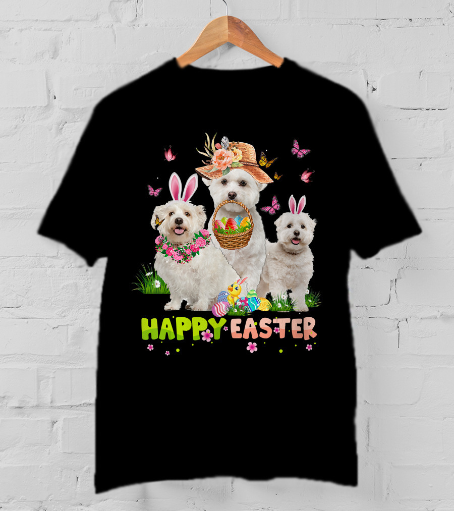 Happy Easter Maltese Dogs Bunny Ears Basket Eggs Butterflies T-Shirt