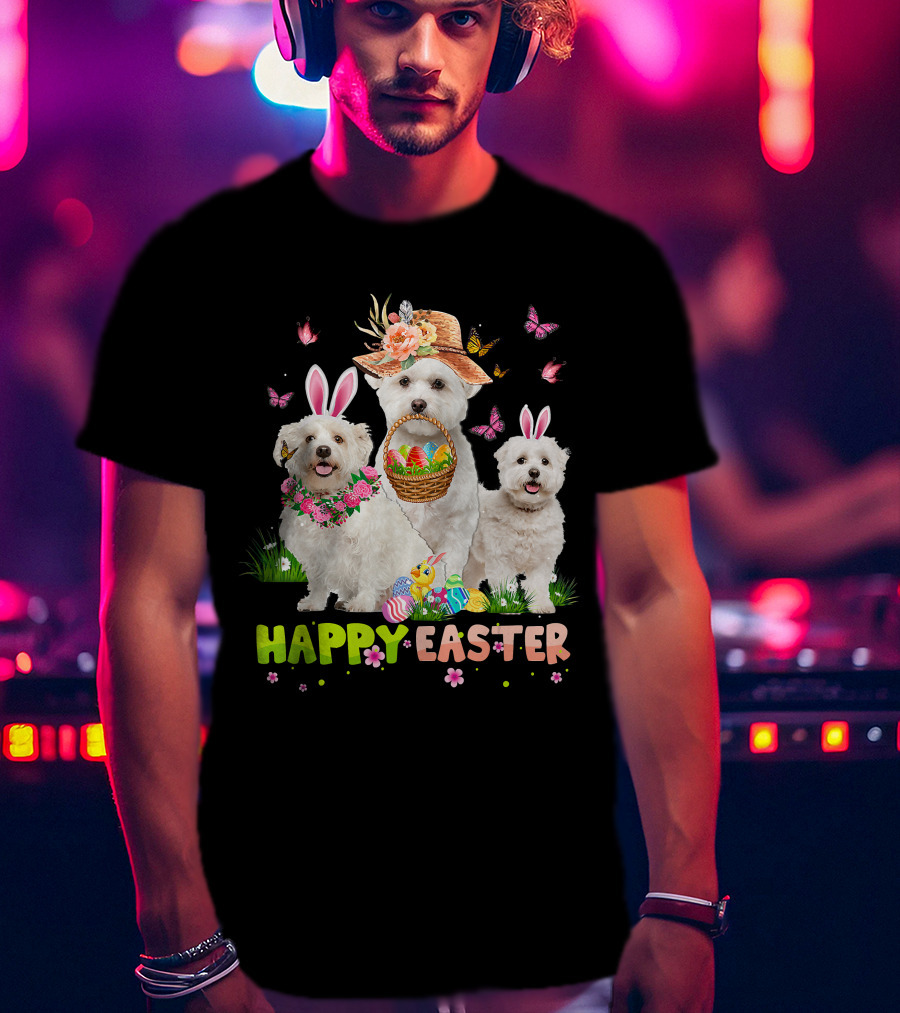Happy Easter Maltese Dogs Bunny Ears Basket Eggs Butterflies T-Shirt
