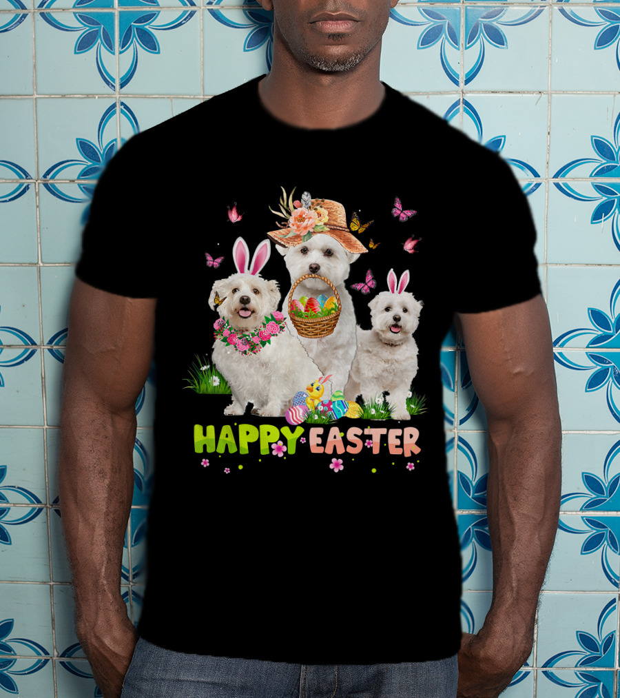 Happy Easter Maltese Dogs Bunny Ears Basket Eggs Butterflies T-Shirt