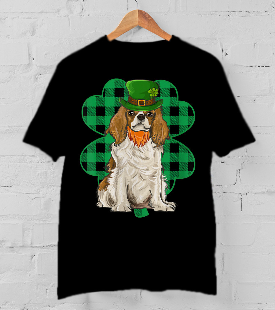 King Charles Spaniel Leprechaun With Shamrock Hat And Plaid Clover T-Shirt