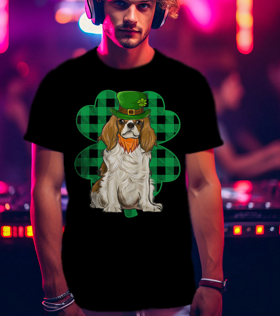 King Charles Spaniel Leprechaun With Shamrock Hat And Plaid Clover T-Shirt