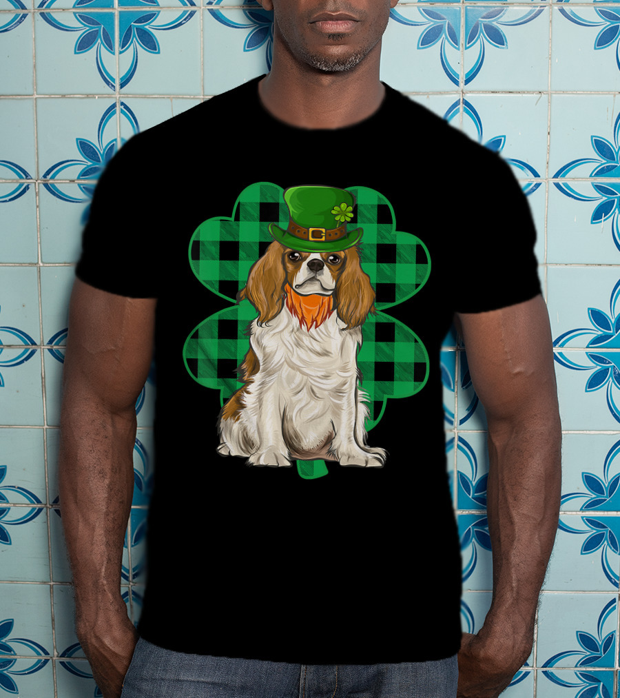 King Charles Spaniel Leprechaun With Shamrock Hat And Plaid Clover T-Shirt