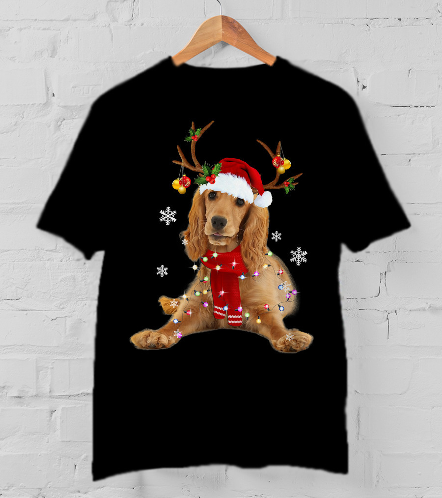 Cocker Spaniel In Santa Hat With Christmas Lights And Reindeer Antlers T-Shirt
