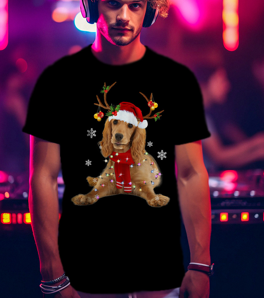 Cocker Spaniel In Santa Hat With Christmas Lights And Reindeer Antlers T-Shirt