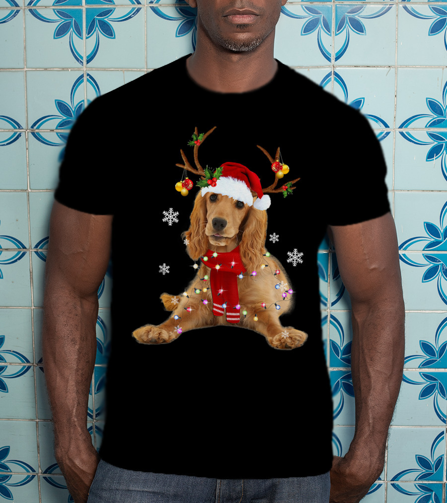 Cocker Spaniel In Santa Hat With Christmas Lights And Reindeer Antlers T-Shirt