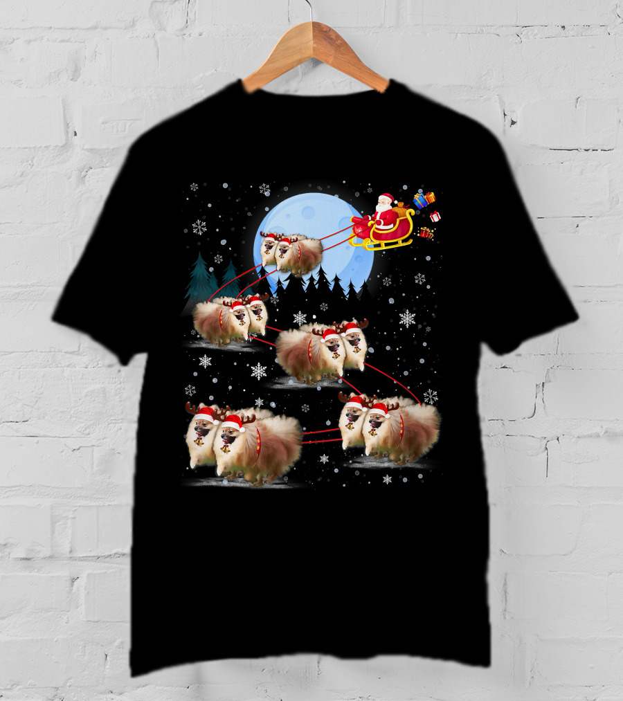 Pomeranian Reindeer Santa Sleigh Christmas Under Moonlight T-Shirt
